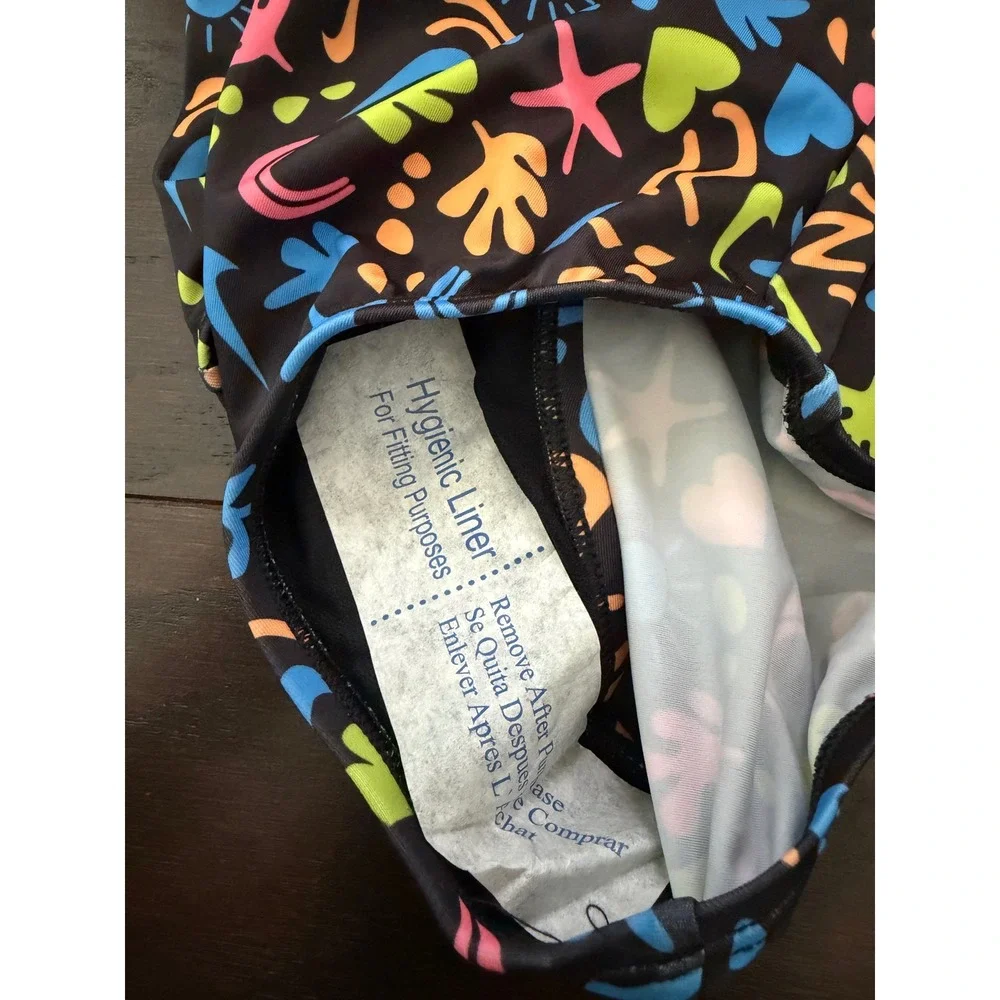 Nike Girls One Piece Swimsuit Neon Doodle Print Crossback Black NESSC715-001 XS